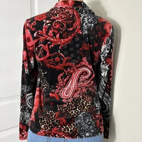 Onque Women's Jacket Size Large Black Red Paisley Floral Full Zip faux velvet - Picture 4 of 7